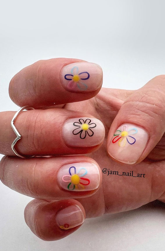 50+ Cute Summer Nails for 2023 : Colourful Flower Outline