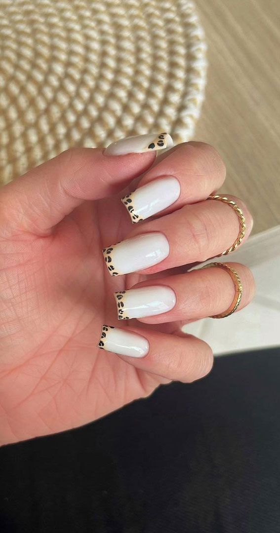 50+ Cute Summer Nails for 2023 : White Nails with Leopard Tips