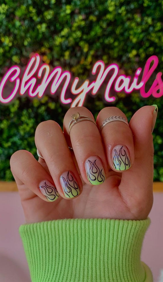 50+ Cute Summer Nails for 2023 : Green Flame Tips