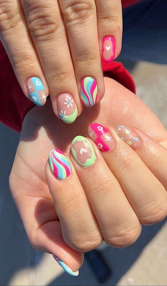50+ Cute Summer Nails for 2023 : Mint, Pink & Blue Combo
