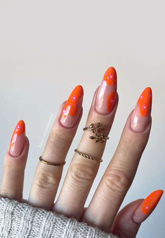 50+ Cute Summer Nails for 2023 : Orange Abstract Tips with Flower Accents