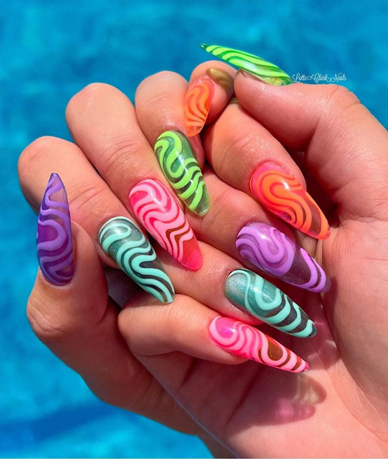 50+ Cute Summer Nails for 2023 : Colourful Jelly Swirl
