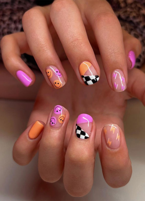 Cute Spring Nails To Inspire You : Black, Pink and Orange Combo
