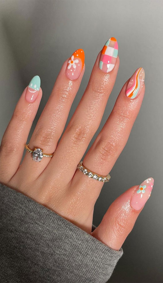 Cute Spring Nails To Inspire You : Blue, Orange and Pink