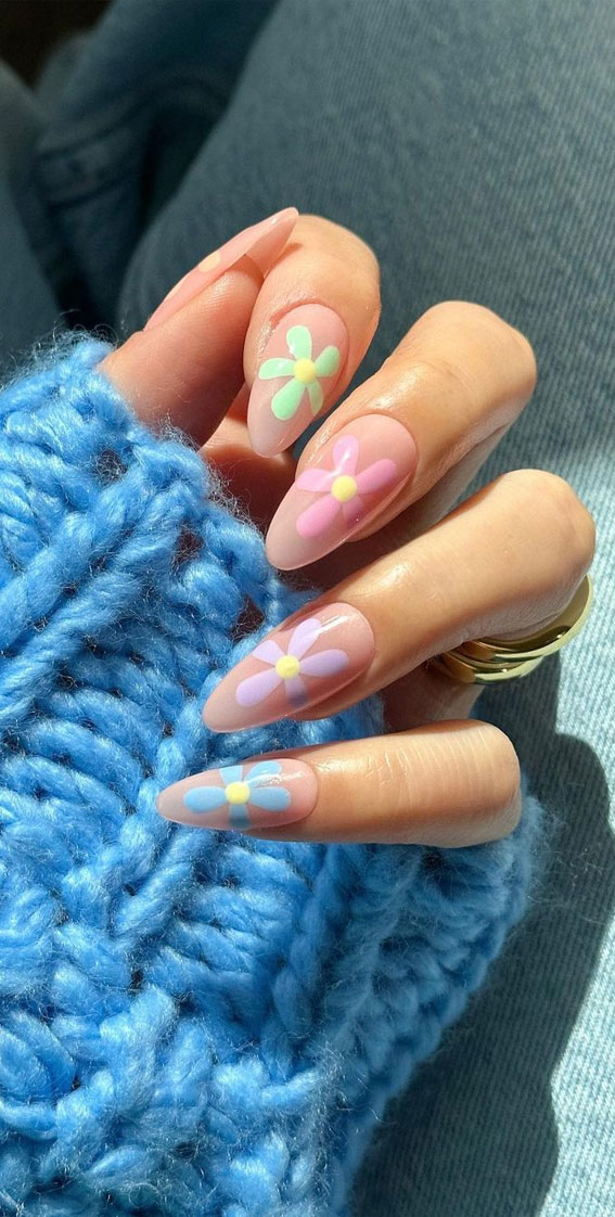 Cute Spring Nails To Inspire You : Sheer Nails with Pastel Flower Accents