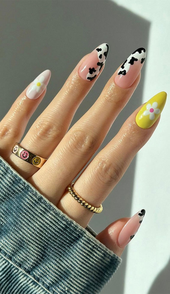 Cute Spring Nails To Inspire You : Flower  + Cow Print Tips