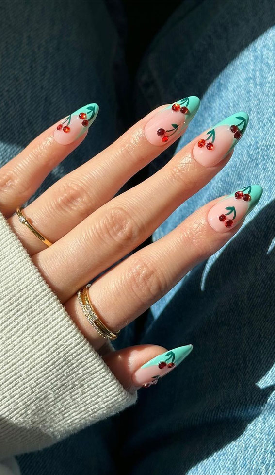 Cute Spring Nails To Inspire You : Mint Green French with Cherries