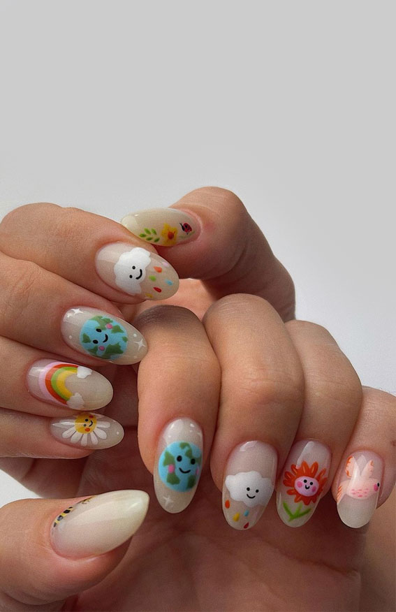 Cute Spring Nails To Inspire You : Mix n Match Rainbow, Cloud + Sun