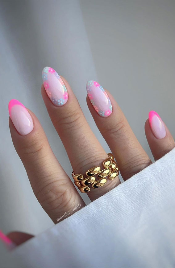 Cute Spring Nails To Inspire You : Blue and Pink Flower + French Tips