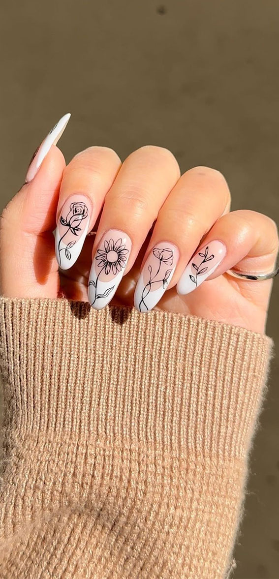 50+ Cute Summer Nails for 2023 : Dainty Fine Line Florals