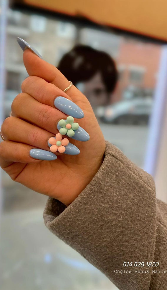 50+ Cute Summer Nails for 2023 : 3D Flower Blue Nails