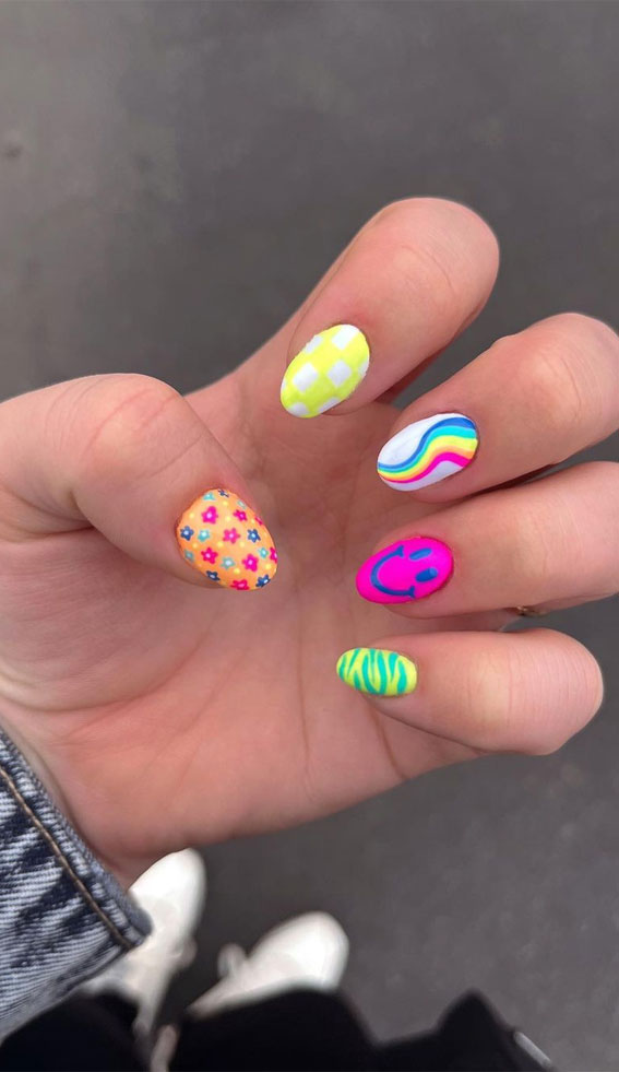 summer nail colors, summer nail art, summer nail designs, summer nails 2023, bright nails, bright and bold nails, mix n match nails, bright french tips, tie dye nails, ombre nails, bold nails