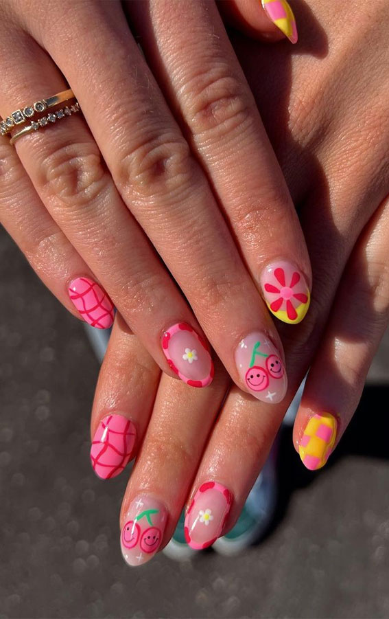 50+ Cute Summer Nails for 2023 : Pink & Yellow Pick n Mix Nails