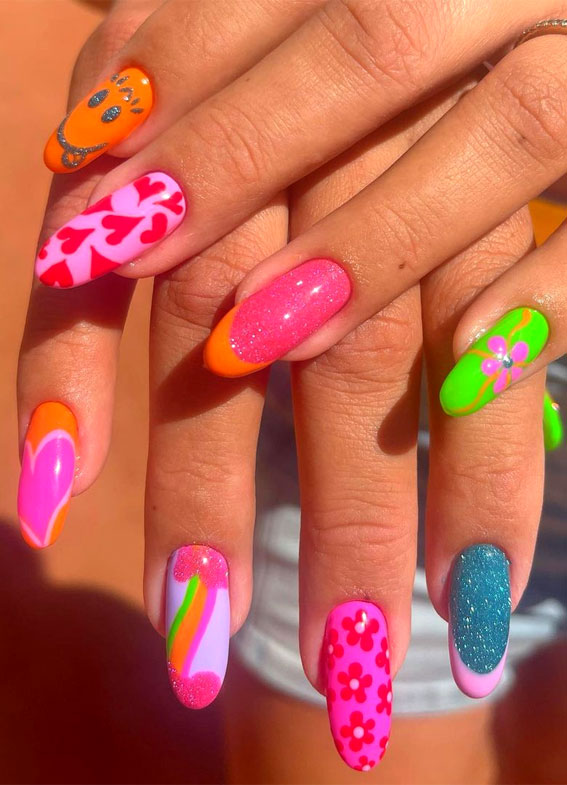 summer nail colors, summer nail art, summer nail designs, summer nails 2023, bright nails, bright and bold nails, mix n match nails, bright french tips, tie dye nails, ombre nails, bold nails