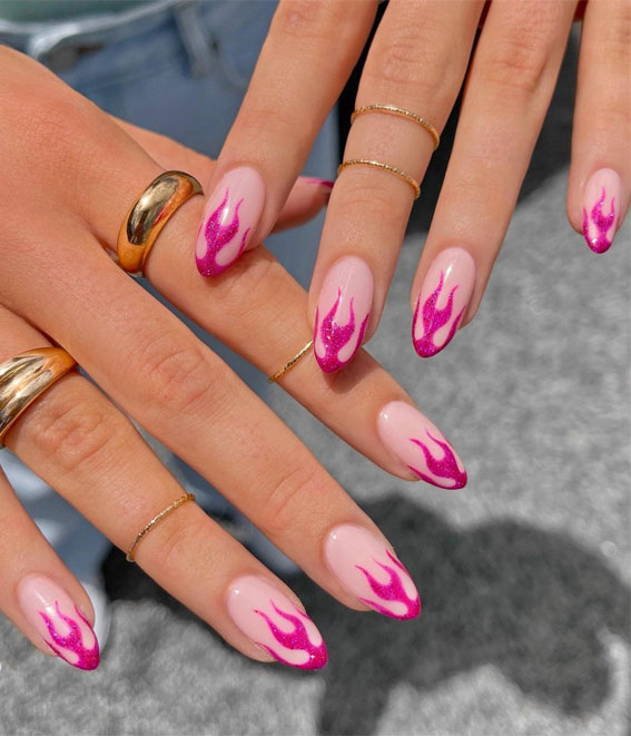 50+ Cute Summer Nails for 2023 : Sparkly Pink Flame Tips