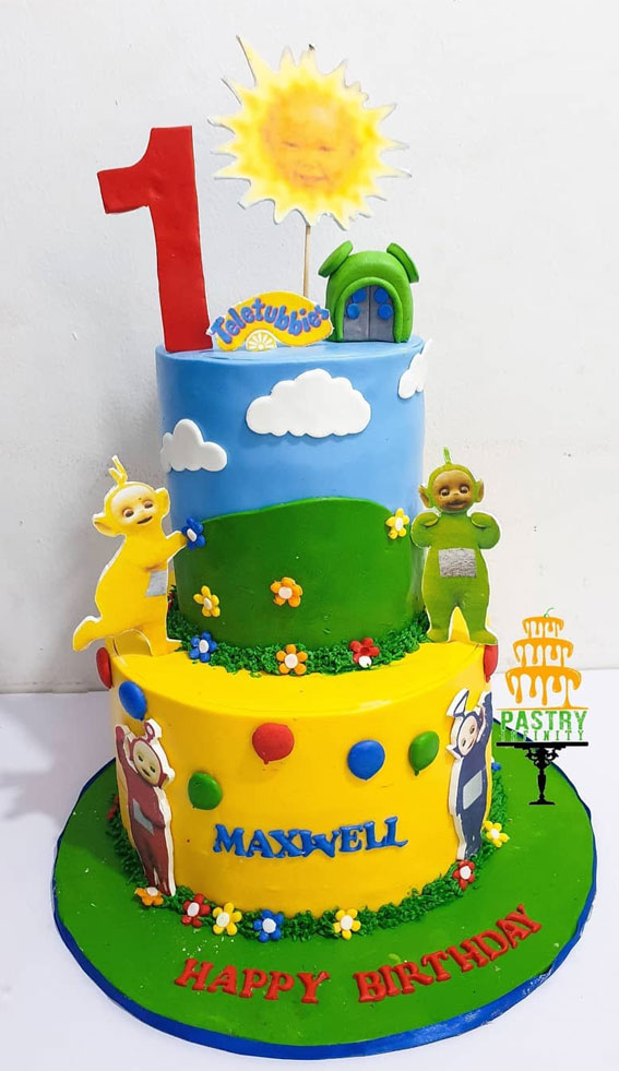 30 Cute Teletubbies Cake Ideas : Two-Tier Sunny Day Cake