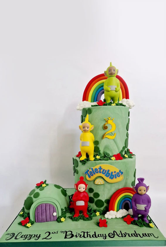 30 Cute Teletubbies Cake Ideas : Two-Tier Cake Matching Cupcake