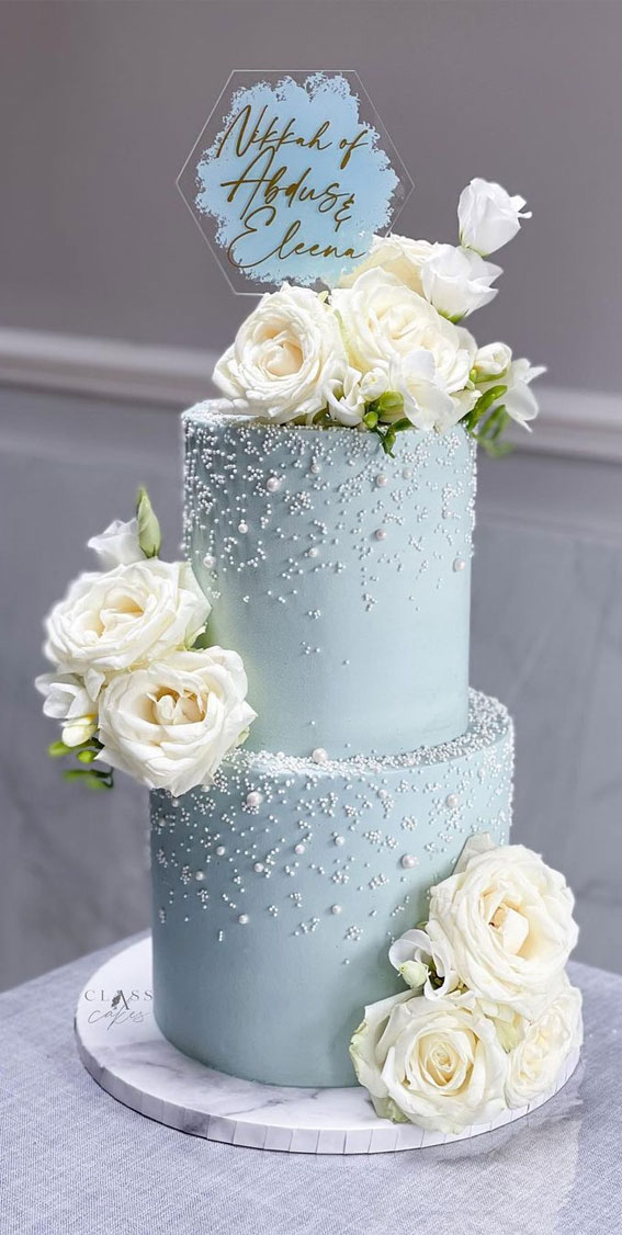 Beautiful 50+ Wedding Cakes to Suit Different Styles : Baby Blue Two Tier Pearl Wedding Cake