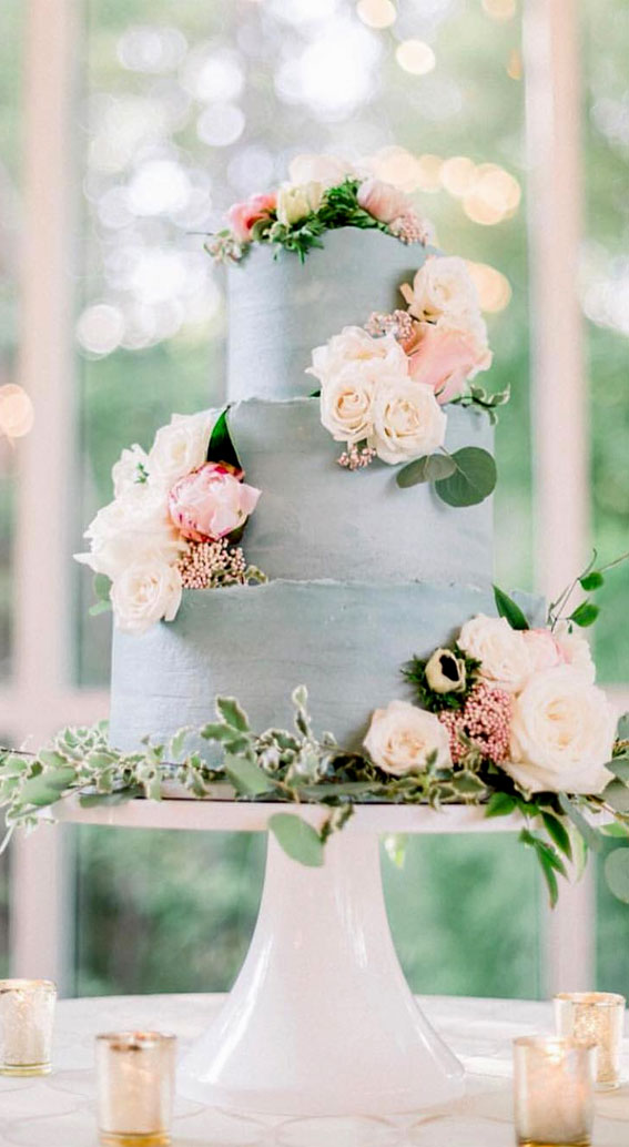Beautiful 50+ Wedding Cakes to Suit Different Styles : Light Blue Cake Adorned with Roses