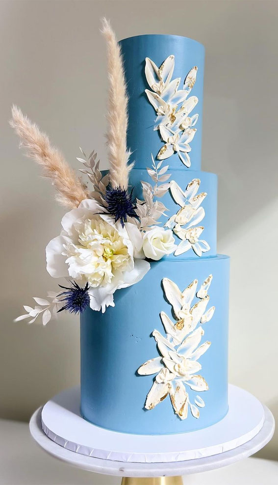 Beautiful 50+ Wedding Cakes to Suit Different Styles : Blue Cake + Fresh & Dried Floral Posy