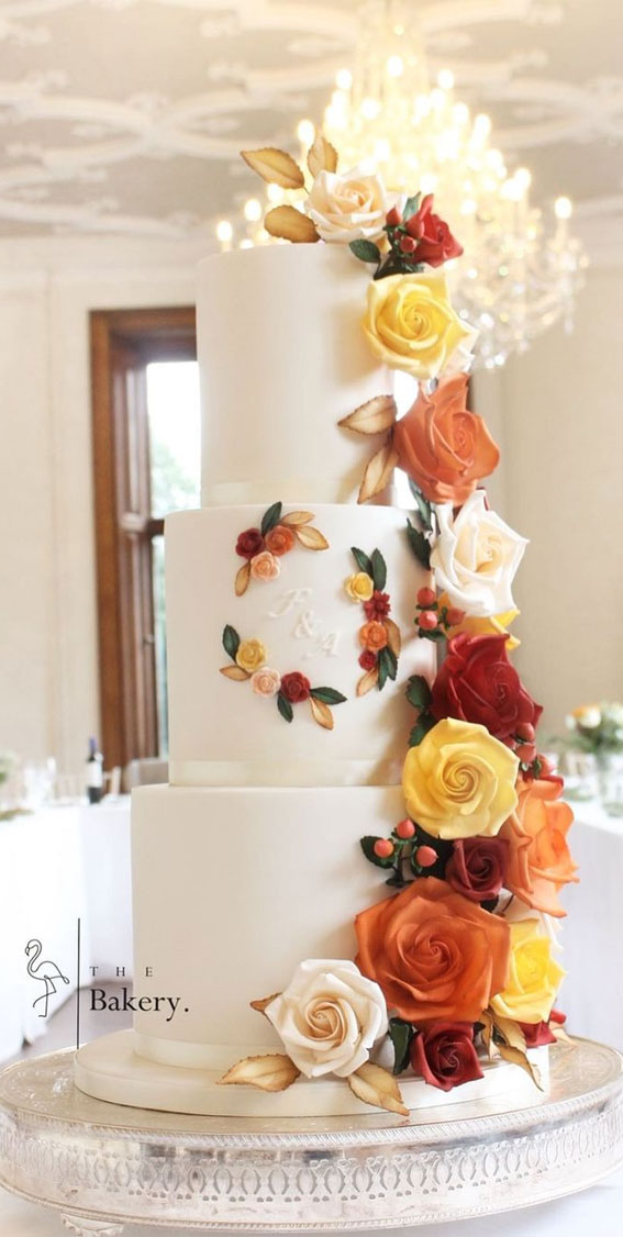 Beautiful 50+ Wedding Cakes to Suit Different Styles : Three-Tier Cake with Sugar Floral Autumn Tones