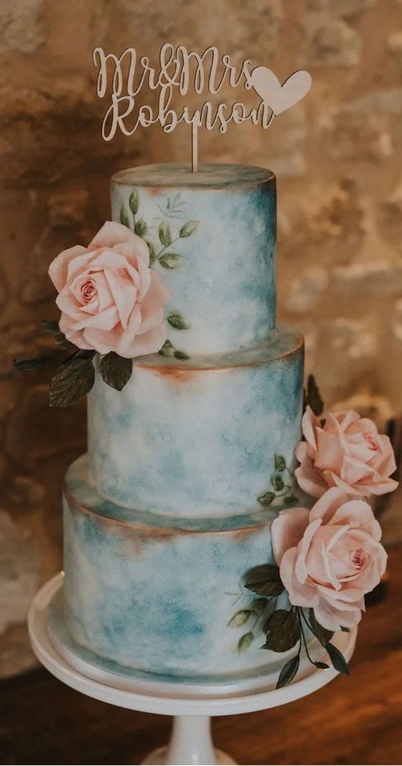 Beautiful 50+ Wedding Cakes to Suit Different Styles : Blue Watercolour Cake + Blush Sugar Roses