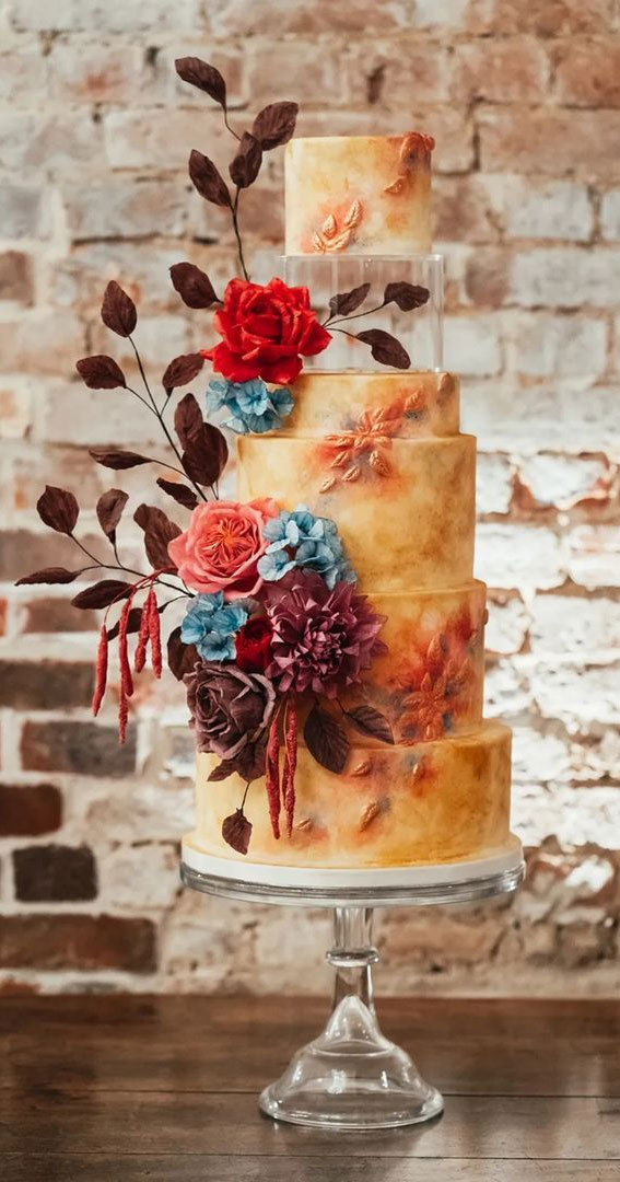Beautiful 50+ Wedding Cakes to Suit Different Styles : Warm Ochre Complementary Jewel Florals