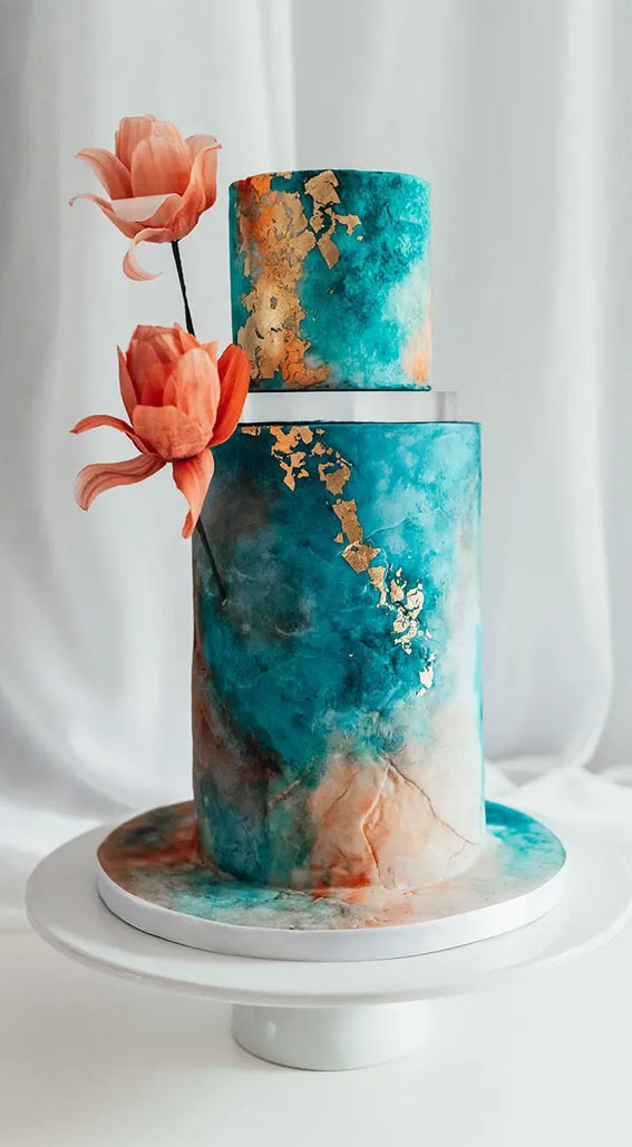Beautiful 50+ Wedding Cakes to Suit Different Styles : Deep Turquoise Stone-Effect Cake