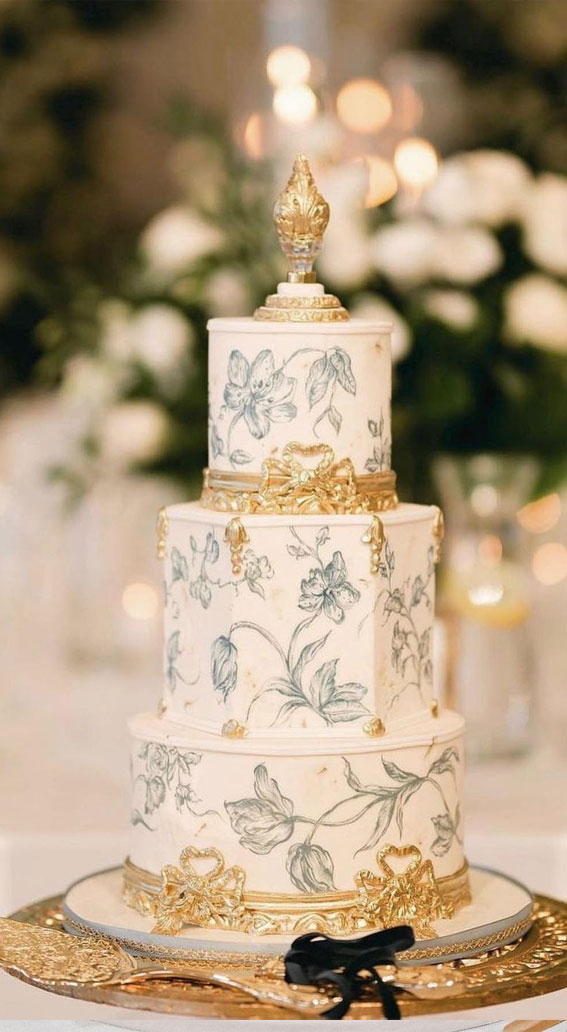 Beautiful 50+ Wedding Cakes to Suit Different Styles : Three Tier White Cake with Gold Details