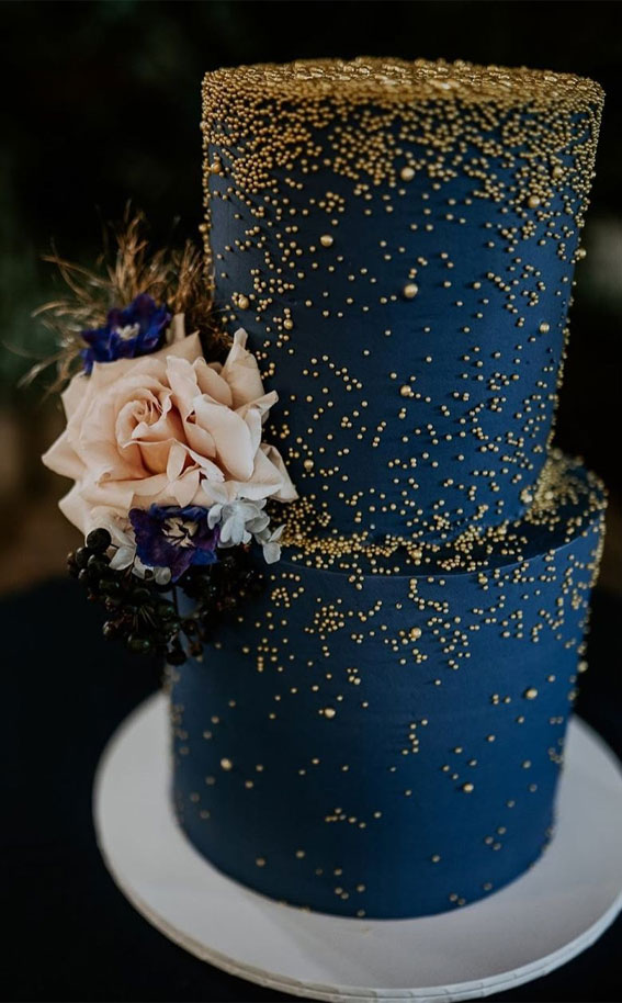 Beautiful 50+ Wedding Cakes to Suit Different Styles : Dark Blue Cake Gold Pearls