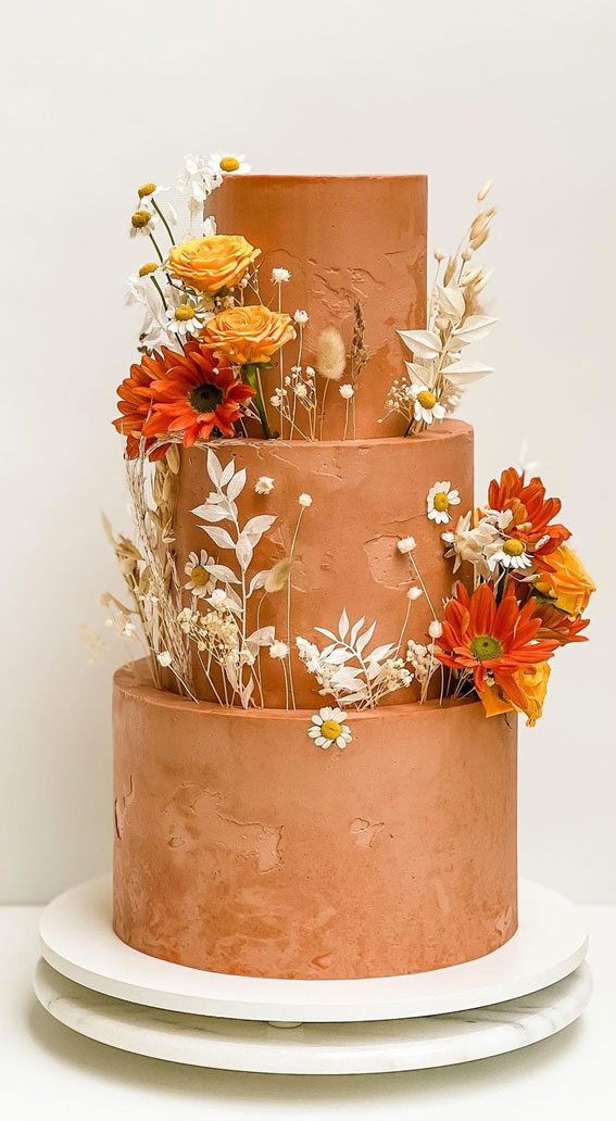 Beautiful 50+ Wedding Cakes to Suit Different Styles : Terracotta Autumn 3 Tiers