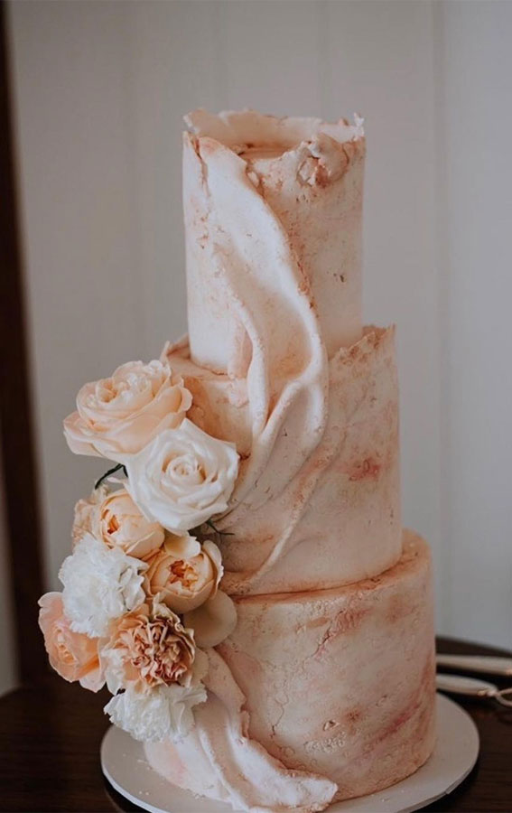 Beautiful 50+ Wedding Cakes to Suit Different Styles : Textured Cake + Peach and White Roses