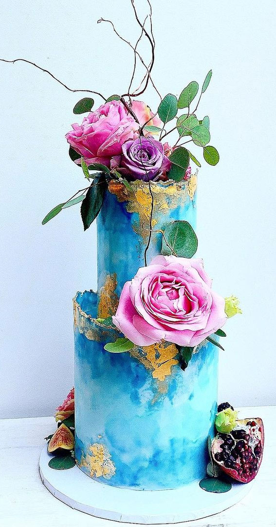 Beautiful 50+ Wedding Cakes to Suit Different Styles : Blue Teal Watercolour Effect Cake