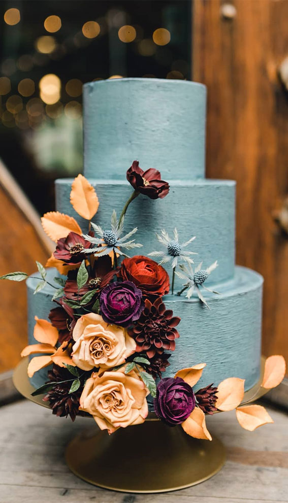 Beautiful 50+ Wedding Cakes to Suit Different Styles : Blue 3 Tier Cake with Autumn Flowers