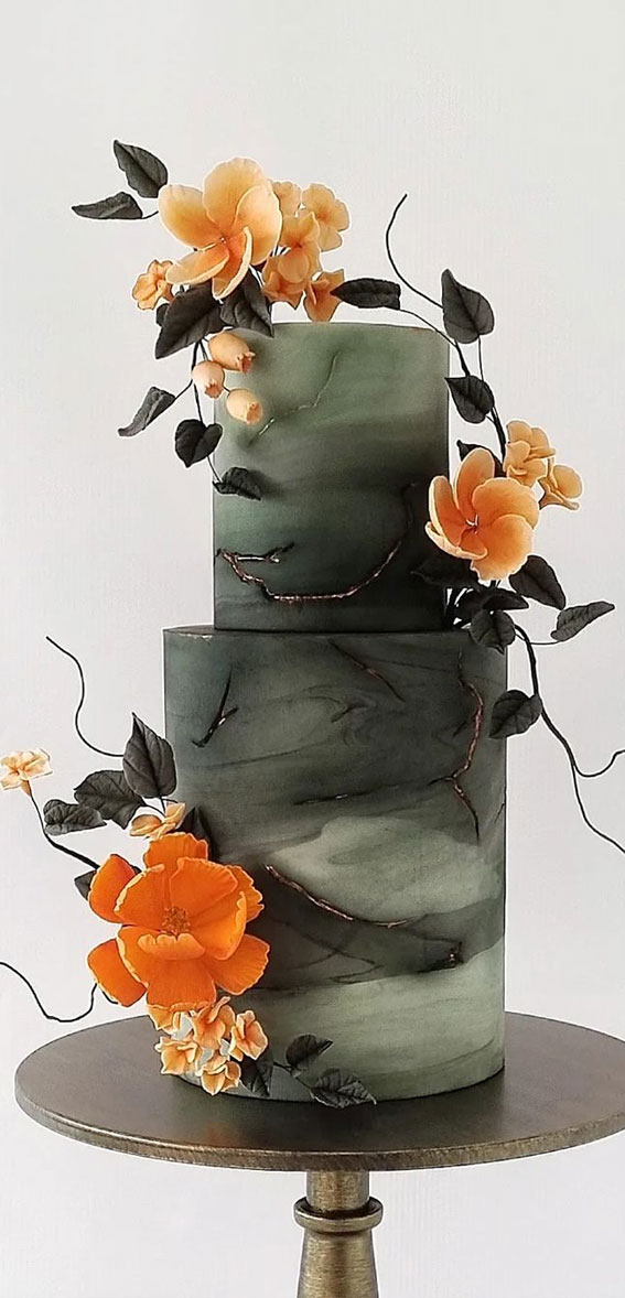 Beautiful 50+ Wedding Cakes to Suit Different Styles : Orange Sugar Flower on Green Marble Cake