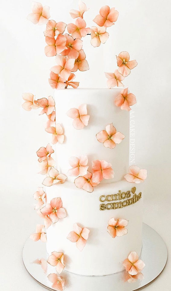 Beautiful 50+ Wedding Cakes to Suit Different Styles : Cherry Blossom Adorned White Two Tiers
