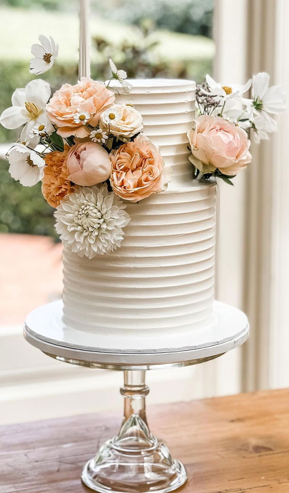 Beautiful 50+ Wedding Cakes to Suit Different Styles : Two Tier White Cake + Peach Floral