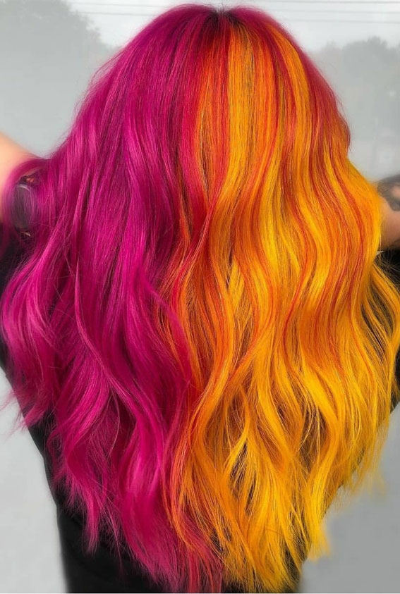 25 Creative Hair Colour Ideas to Inspire You : Half Pink Half Orange
