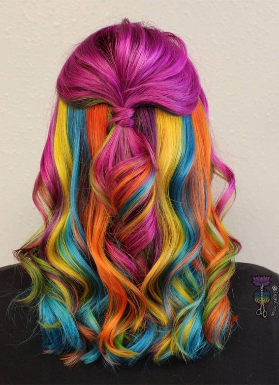 25 Creative Hair Colour Ideas to Inspire You : Half Up Rainbow Hair Colour