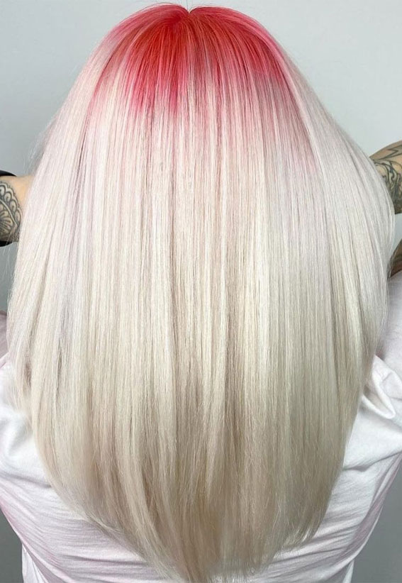25 Creative Hair Colour Ideas to Inspire You : Platinum Blonde with Pink Roots