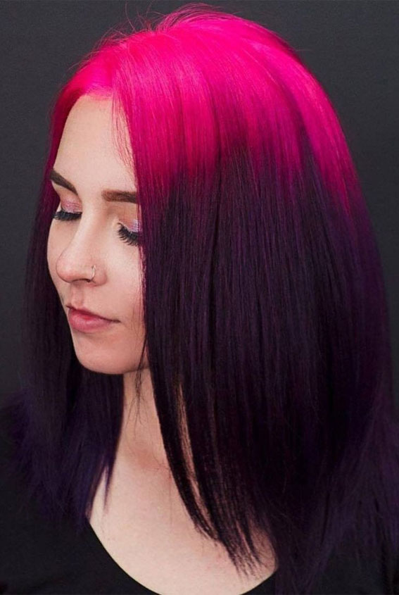 25 Creative Hair Colour Ideas to Inspire You : Deep Plum with Neon Pink Roots