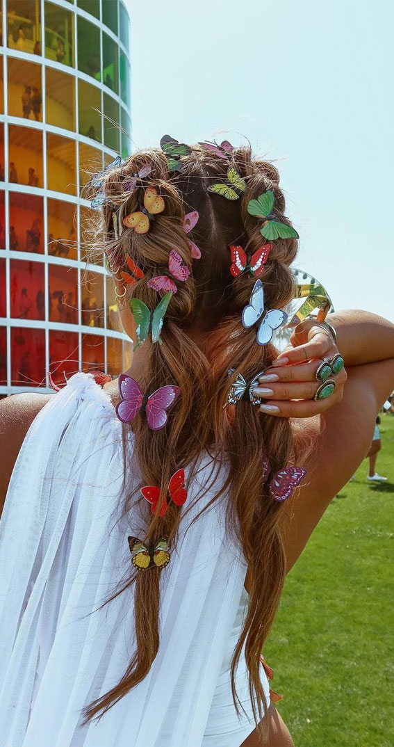 41 Cute Hairstyles to Rock The Festival : Chunky Braids + Colourful Butterflies