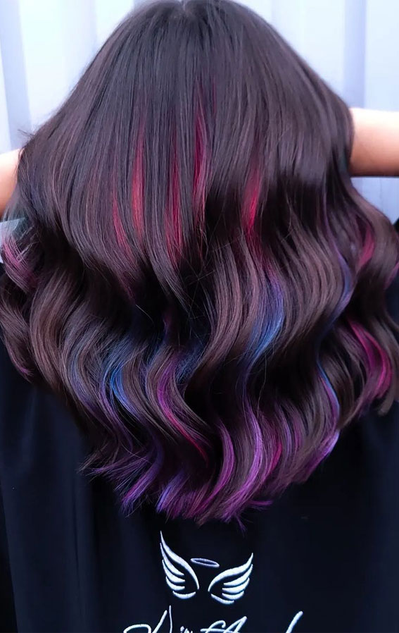 20 Unconventional Hair Color Ideas to Make a Statement : Brunette with Red,  Blue & Purple