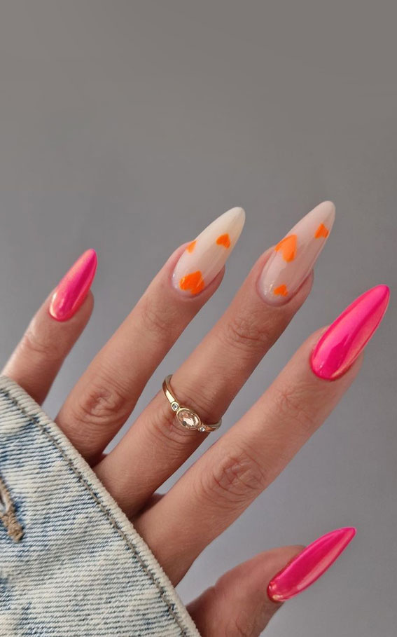 50+ Fresh Summer Nail Designs : Orange Heart + Pink Nails