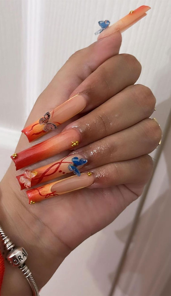 50+ Fresh Summer Nail Designs : Sunset Ombre Acrylic Nails