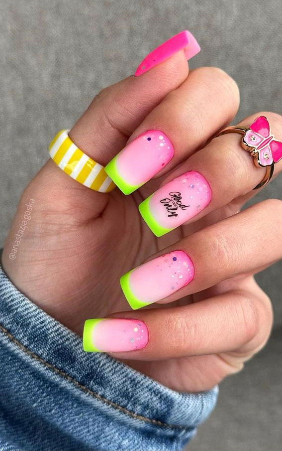 neon french tip nails, ombre pink and green neon french tips, summer nails, summer nail ideas, summer nail designs, ombre nails