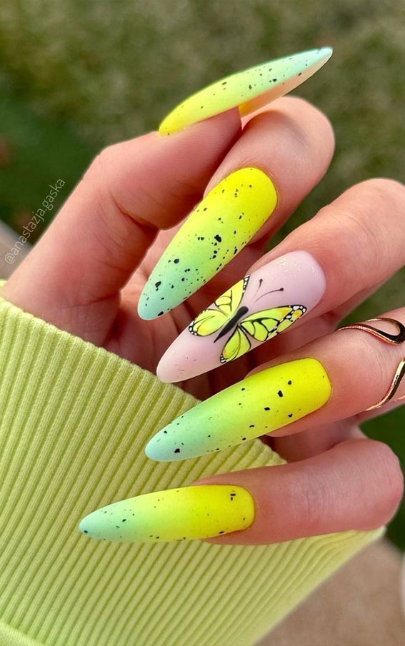 50+ Fresh Summer Nail Designs : Ombre Yellow Butterfly Nails