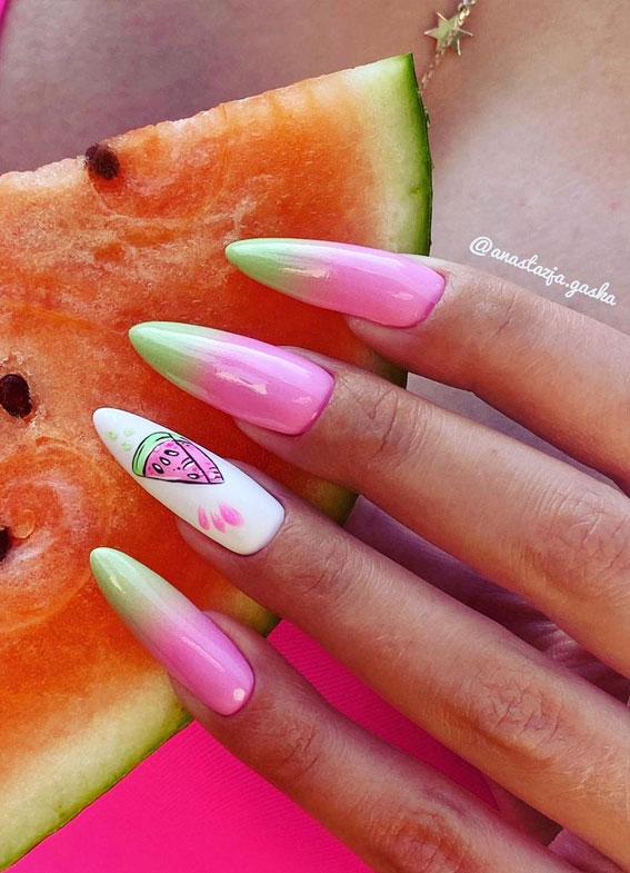 50+ Fresh Summer Nail Designs : Watermelon Inspired Nails