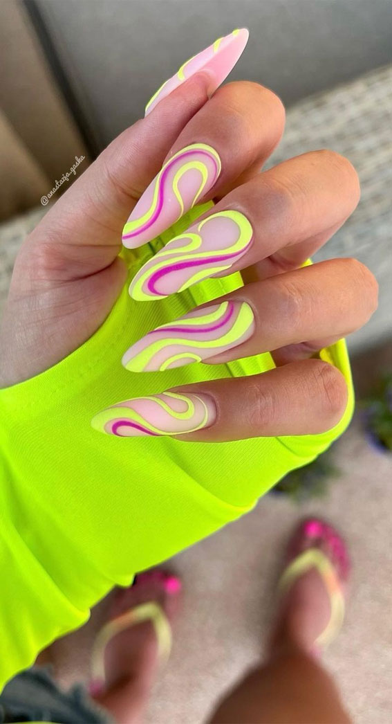 50+ Fresh Summer Nail Designs : Neon Pink & Green Nails
