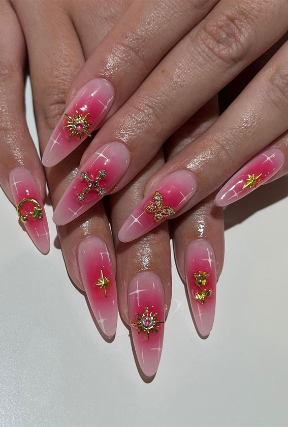 50+ Fresh Summer Nail Designs : Pink Aura & Gold Charms